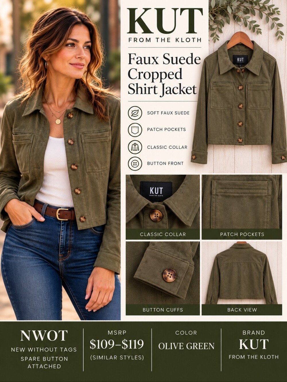 KUT From the Kloth Olive Green Faux Suede Cropped Shirt Jacket NWT
